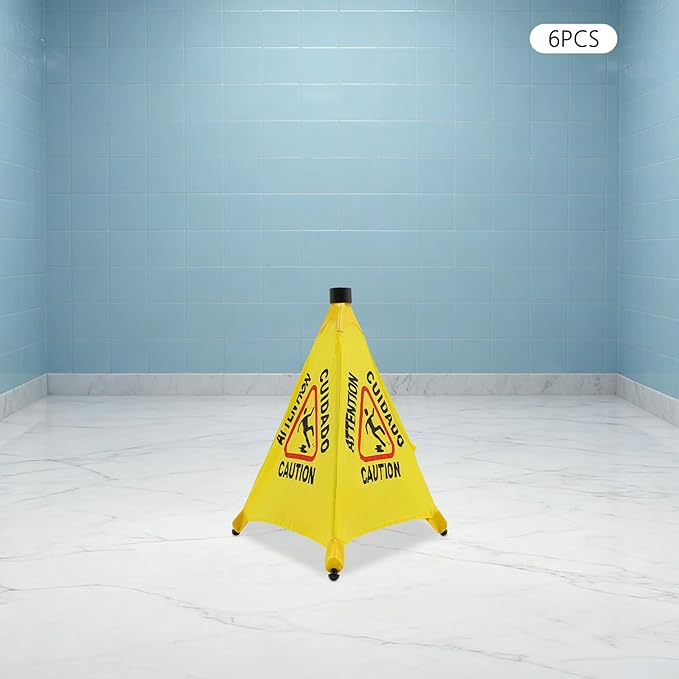 6 PCS Pop up Wet Floor Sign with Storage Tube, 20 Inch Wet Safety Warning Caution Cone Yellow Warning Sign for Commercial Stores Grocery Office Use,with Umbrella Frame
