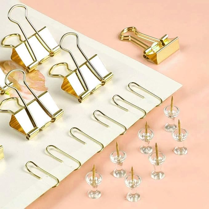 Gold Paper Binder and Clips Set, Metal Assorted Sized Binders with Push Pins, Cute Office Supplies, Teacher Desk Must Haves, Desk Accessories