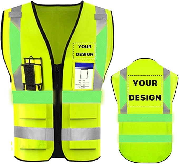 YOWESHOP High Reflective Visibility Safety Vest with Pockets and Zipper Custom Your Logo Safety Workwear