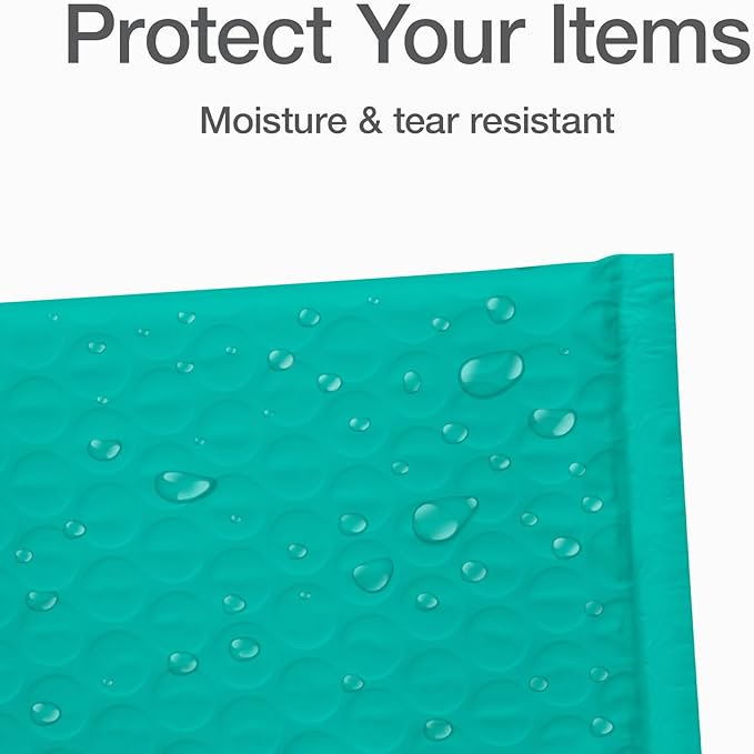 Quality Park Bubble Mailers, 4 x 8 Shipping Envelopes, Self-Seal, Small Teal Padded Envelopes, Redi-Strip Peel Off Closure, 50 Per Box (QUA85915)
