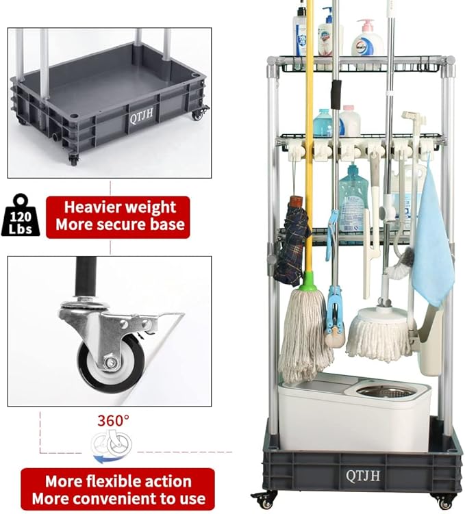 Storage Shelf Broom mop Holder Hold Your Cleaning Supplies Janitorial cart Steel Organizer Wire Rack
