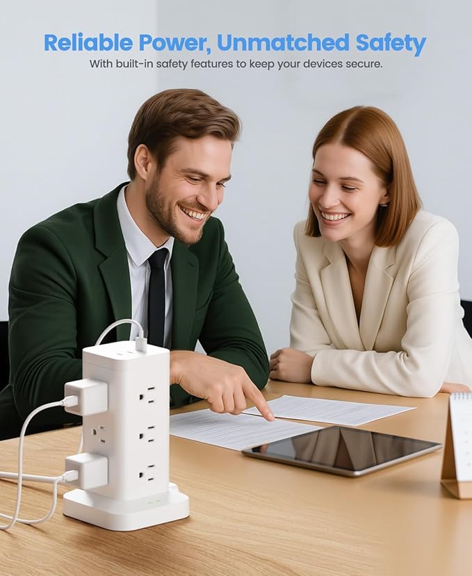 15-in-1 Power Strip Tower with Surge Protector 1800J, Fast Charging Tower PD20W USB-C Ports with 12 AC Outlets, 15ft Extension Cord for Home Office Dorm Room, White