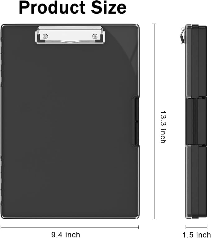 Rimilak Plastic Clipboard with Storage, Side Opening with 2 Compartment, Size 13.3 x 9.4 x 1.5 Heavy Duty High Capacity Nursing Box for Work School & Office Supplies, Black