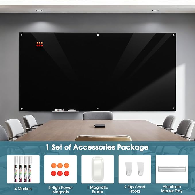 MaxGear Glass Whiteboard 96x48 Inches Wall Mounted, Magnetic Black Dry Erase Board with 1 Eraser, 1 Accessory Tray, 4 Markers and 6 Magnets, Extra Large Frameless White Board for Office, School, Home