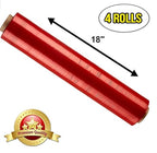 APQ 4 Rolls of Blown Hand Stretch Film 18" x 1500'. Red Hand Stretch Wrap, 80 Gauge. Tear Resistant Residue Free Film for Moving, Shipping, Wrapping. Industrial Grade Pallet Shrink Wrap Film.