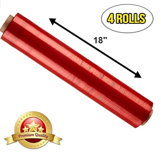APQ 4 Rolls of Blown Hand Stretch Film 18" x 1500'. Red Hand Stretch Wrap, 80 Gauge. Tear Resistant Residue Free Film for Moving, Shipping, Wrapping. Industrial Grade Pallet Shrink Wrap Film.