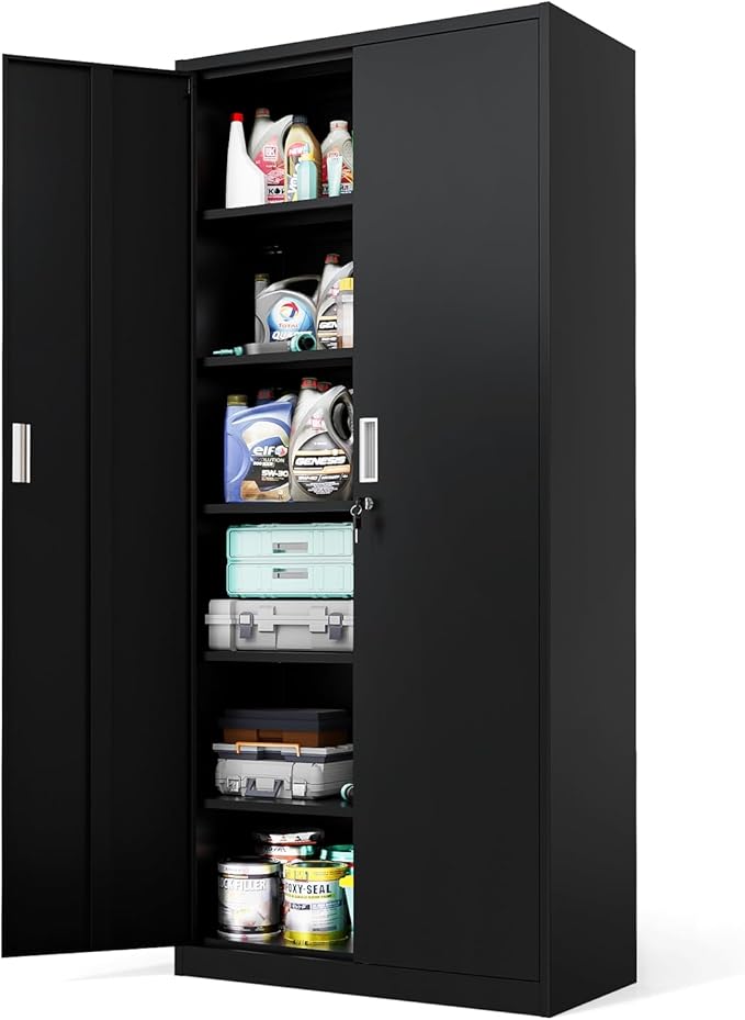 VINGLI Metal Garage Storage Cabinet with 2 Doors and 5 Adjustable Shelves, 71" Tall Steel Lockable File Cabinet, Locking Tool Cabinets for Home Office Garage Gym School (Black)