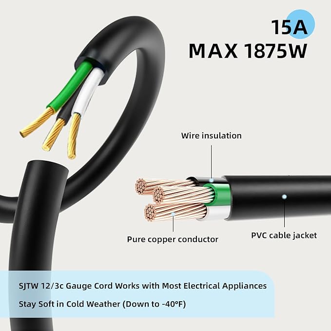 EP 50 Ft Outdoor Extension Cord - 12/3 SJTW Heavy Duty Black Extension Cable with 3 Prong Grounded Plug - Power Cord for Lawn, Garden, Appliances
