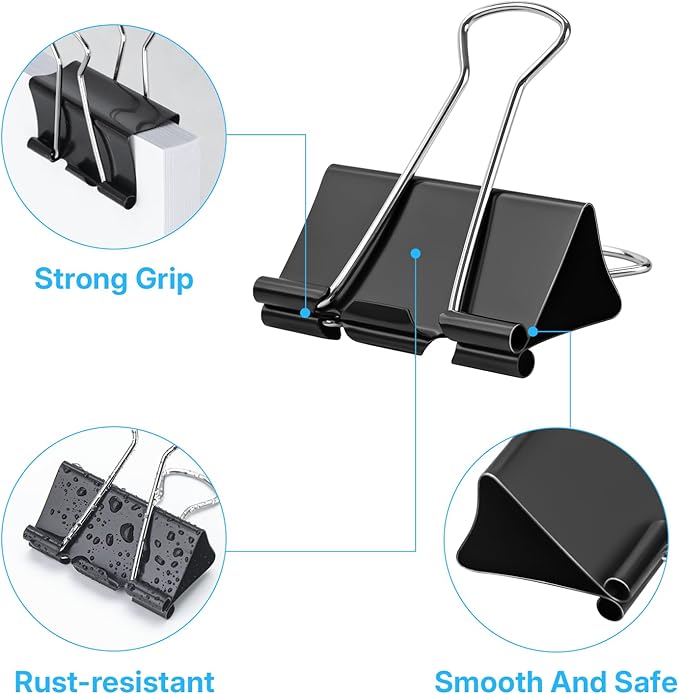 OWLKELA 1.6 Inch (64 Pack) Large Binder Clips, Black Paper Clamps for Office, School, and Home Supplies