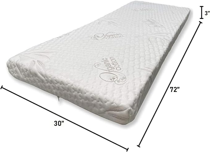 Foamma 3” x 30” x 72” High Density Foam Bunk Mattress, Organic Cotton Cover, Made in USA, Comfortable, CertiPUR-US Certified
