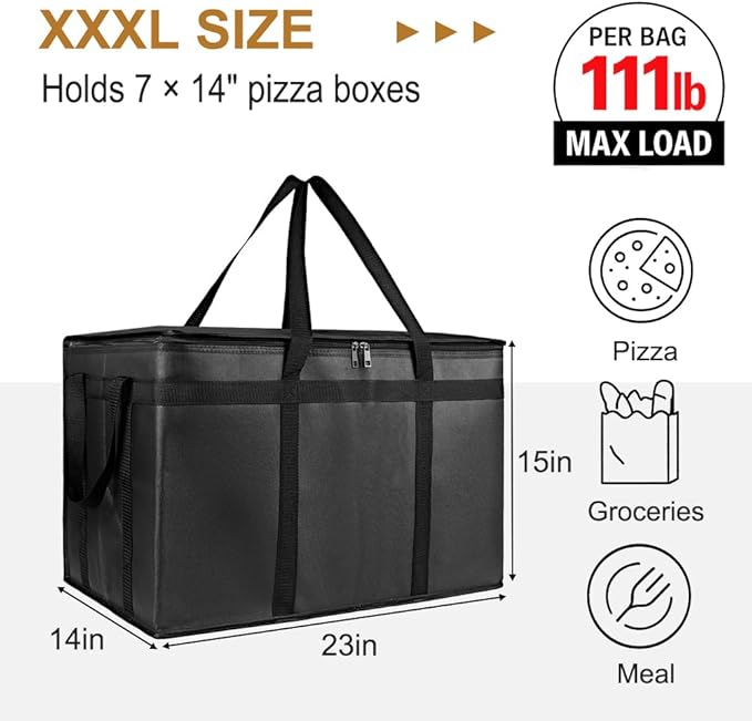 2PK XXXL Insulated Food Delivery Bag - Reusable Thermal Cooler Grocery Bags for Catering & Delivery, Pizza Carrier for Events, Large Capacity Bag Keeps Food Hot/Cold for Shopping, Commercial, Black