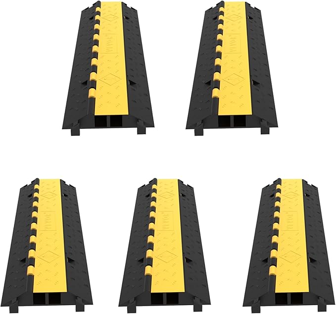 Happybuy 5 Pack Rubber Cable Protector Ramp 2 Channel Heavy Duty 66000lbs Load Capacity Cable Wire Cord Cover Ramp Speed Bump Driveway Hose Cable Ramp Protective Cover