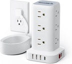 Power Strip Tower, 16.5 Ft Flat Plug Extension Cord, 16 in 1 Power Bars with Surge Protector, Power Tower Bar with 12 AC Multiple Outlets 4 USB (1 USB C)