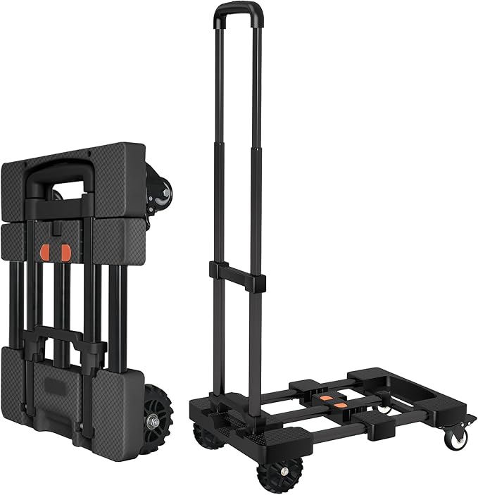 Heavy-Duty 500LB Capacity Hand Truck with One-Touch Retractable Handle & Extendable Plate, Portable Collapsible Dolly Cart with 4 Wheels w/Brakes Folding Luggage Cart for Travel/Home Use, Black