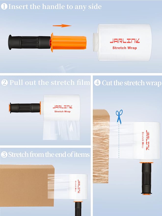 JARLINK 4 Pack Stretch Wrap, 5 Inches Shrink Wrap for Pallet Wrap, Moving Wrapping Plastic Roll, Industrial Strength Stretch Film up to 650% Stretch with Handles, 1000 Feet