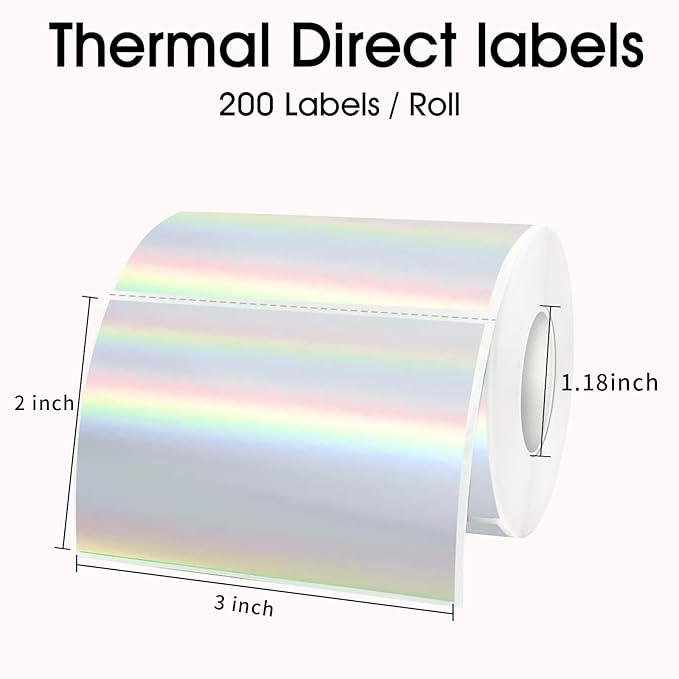 3x2 Inch Holographic Thermal Labels, Glitter Silver Thermal Sticker Labels, Waterproof Thermal Printer Stickers for Price, Barcode, Name, Custom Logo Design, 200 Pcs/Roll