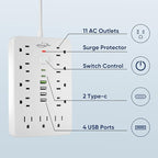 5 FT Flat Plug Surge Protector Power Strip,11 Multiple AC Outlets with 6 USB Ports (2 USB C), 5 Feet Extension Cord, 1250W/10A, One Touch Switch Button, 17 in 1 Compact powerstrip-White