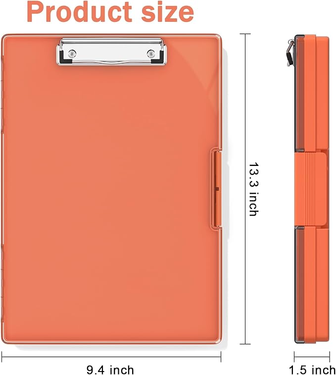 Rimilak Plastic Clipboard with Storage, Side Opening with 2 Compartment, Size 13.3 x 9.4 x 1.5 Heavy Duty High Capacity Nursing Box for Work School & Office Supplies, Orange