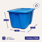 HOMZ 2-Pack Durable Molded Bin, Plastic Storage Containers with Lids, 32 Gallon, Blue - Stackable Organizer Totes and Boxes for Bedroom, Kitchen, and Garage Organization