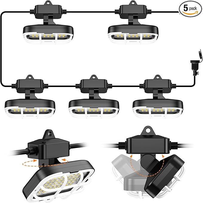 50ft LED Construction String Lights,Super Bright 7500lm 75w Adjuest 90&180 Degrees On Both Sides Waterproof IP66 Led String Work Lights, Construction Temporary Lights (50ft-Adjustable 5lights).