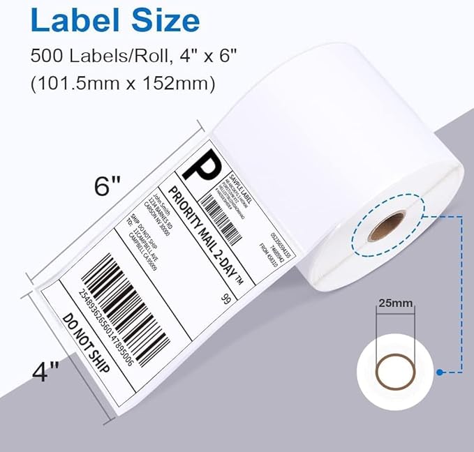 Label KINGDOM 4 x 6 Inch Direct Thermal Shipping Label Roll, 500 Sheets for Rollo Zebra Munbyn or Other Thermal Printer Used on FedEx, USPS, UPS, DHL for Address Label, 1 Roll