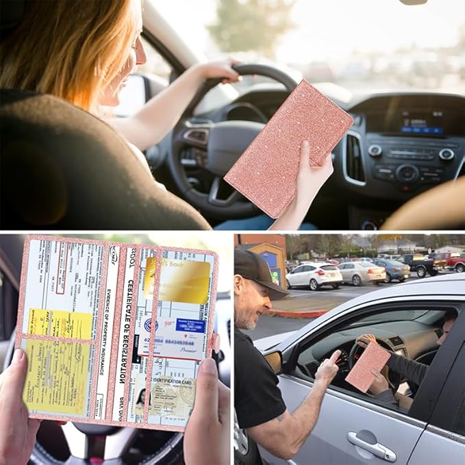 2 Ppack Leather Car Registration and Insurance Card Holder, Car Document Holder for Cards License with Magnetic Shut(Glitter Pink-Ear