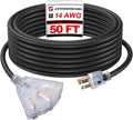 EP 50 Ft Lighted Outdoor Extension Cord with 3 Electrical Power Outlets - 14/3 SJTW Heavy Duty Black Extension Cable with 3 Prong Grounded Plug - Power Cord for Lawn, Garden, Appliances