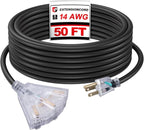 EP 50 Ft Lighted Outdoor Extension Cord with 3 Electrical Power Outlets - 14/3 SJTW Heavy Duty Black Extension Cable with 3 Prong Grounded Plug - Power Cord for Lawn, Garden, Appliances