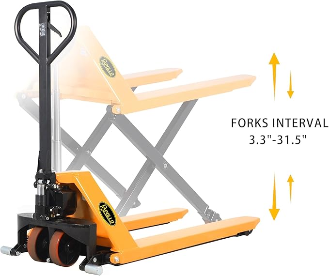 APOLLO Scissor Pallet Jack - Manual High Lift Pallet Truck, 45 x 27 Forks, 2200 lbs Capacity, 31.5" Lifting Height, Only for Open-Bottom Pallets
