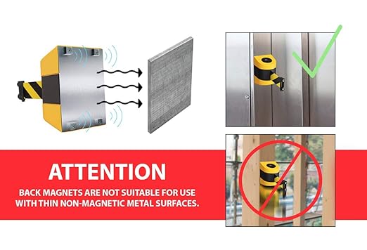 Crowd Control Warehouse - CCW Series WMB-230 Magnetic Wall Mount Retractable Belt Barrier - 30 Foot, Black and Yellow Safety Belt with Yellow ABS Case