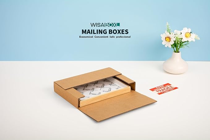 50 Pack 9x6x1.3 inch Shipping Boxes, Easy-Fold Multi-Depth DVD Mailer Box with Fragile Stickers for Mailing, Storing, Package, Gifts, Crafts, Business or Home, Brown