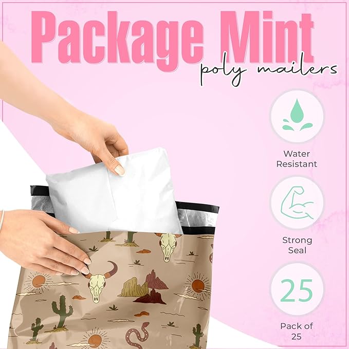 10x13 Poly Mailers – Western Boho – Waterproof, Tear-Resistant Shipping Bags with Adhesive Seal – 25 Pack – Package Mint