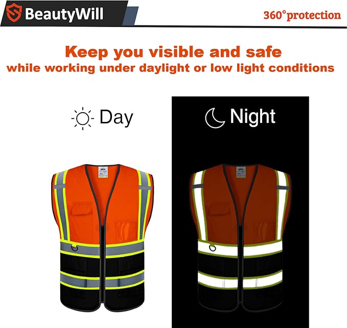 Custom Safety Vest Customized Logo Mesh Vest Class 2 High Visibility Reflective Vest with Pockets Orange Workwear（Orange Black，M ）
