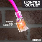 Iron Forge Cable Weatherproof 25 Ft Outdoor Extension Cord - 16/3 SJTW 13 Amp Heavy Duty Neon Pink Extension Cord 3 Prong - Lighted End