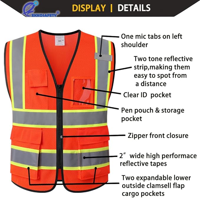 Safety Vest for Men Women Reflective with 5 Pockets and Zipper Front Mesh High Visibility Vest Hi Vis Construction Work Vest,Meets ANSI/ISEA Standards(EK175-Orange-S)