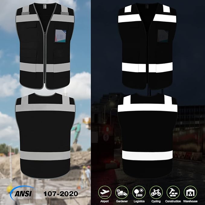 TCCFCCT Construction Vest 5 Pockets Reflective Safety Vest for Men Women, High Visibility Work Vest with Tabs for Walkie-talkie, Durable to Use, Meets ANSI/ISEA, Black, S