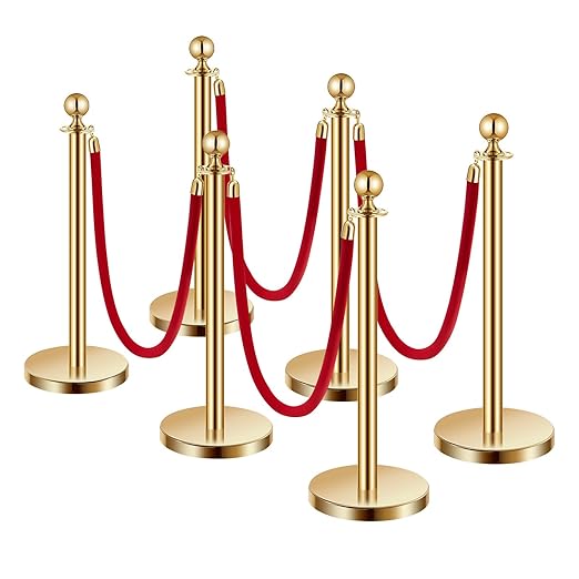 VEVOR Stanchions and Velvet Ropes 6Pcs, Hollow Base with Stainless Steel Post, 4 Red Velvet Ropes and Posts, Crowd Control Barriers Gold Stanchions, Red Carpet Runner Poles for Party Supplies