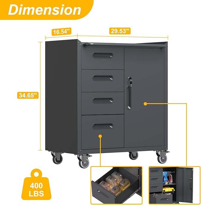 4-Drawer Rolling Tool Chest, Metal Tool Storage Cabinet on Wheels, Heavy Duty Tool Cart with Lockable Door & Handle, Mobile Toolbox Steel Locker for Garage, Home, Workshop, Warehouse, Black