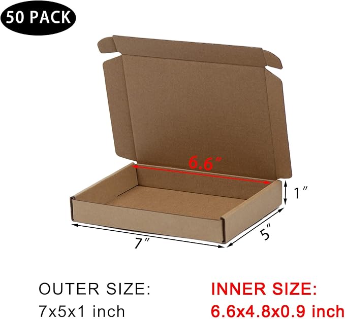 50 Pack 7x5x1 Inches Small Shipping Boxes, Brown Corrugated Cardboard Boxes, Moving Mailing Packing Box