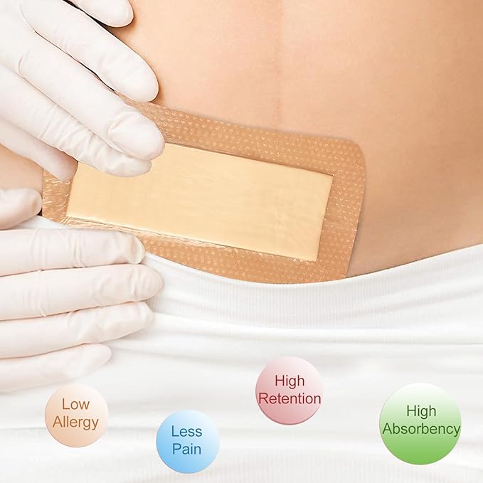 NeuHeils Silicone Super Absorbent Wound Dressing, 4x8 Inch (10 Pack), 2x6 Inch Absorbent Pads | Post-Surgery, Bed Sores, Pressure Ulcers | Self-Adhesive Bandage for Surgical Wounds & Cuts