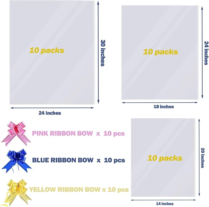 30 Packs Large Clear Cellophane Bags 14x20 18x24 24x30 Inches Jumbo Gift Basket Wraps Extra-large Transparent Plastic Bags for Fruit Basket, Gift Wrap, Treats, Arts and Crafts, 30 pcs Pull Ribbon Bow Ties