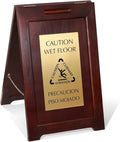 SmartSign Premium Bilingual "Caution Wet Floor" Wooden A-Frame Standing Floor Sign with Symbol, 2-Sided, 24" x 15", Hardwood Pine Frame, 120 mil Brass ACM Sign Face, Black on Gold, Made in USA