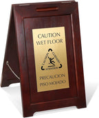 SmartSign Premium Bilingual "Caution Wet Floor" Wooden A-Frame Standing Floor Sign with Symbol, 2-Sided, 24" x 15", Hardwood Pine Frame, 120 mil Brass ACM Sign Face, Black on Gold, Made in USA