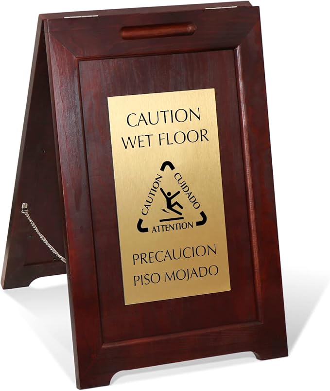 SmartSign Premium Bilingual "Caution Wet Floor" Wooden A-Frame Standing Floor Sign with Symbol, 2-Sided, 24" x 15", Hardwood Pine Frame, 120 mil Brass ACM Sign Face, Black on Gold, Made in USA