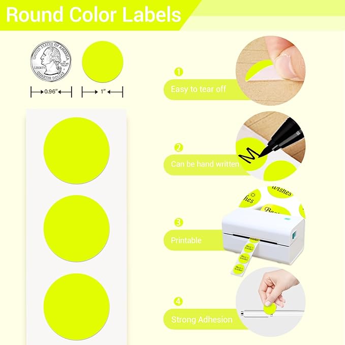1 Inch Circle Dot Stickers 1000 PCS Color Coding Thermal Labels Dots Writable Printable Small Round Stickers for Office, Classroom, Inventory, Garage, Organizing Storage, Fluorescent Yellow