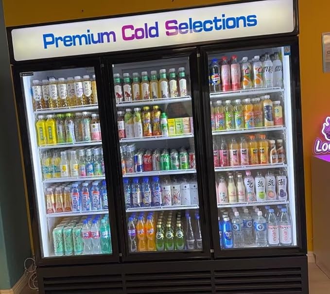 71” Wide Commercial Beverage Refrigerator Display Fridge, Three Glass Door Merchandiser Drink Cooler With LED Light Adjustable Shelves,ETL Sanitation,63.5 Cu Ft,BLACK,Wheels Not Included