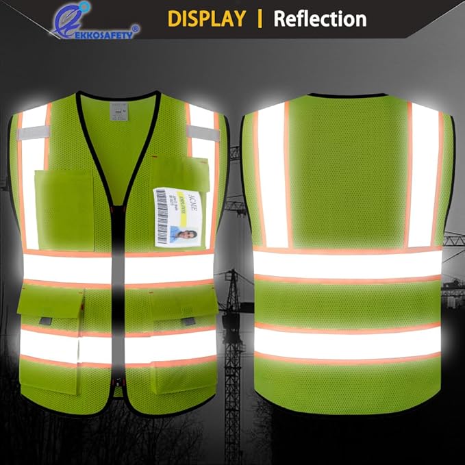 Reflective Safety Vest for Men Women with 9 Pockets and Zipper Front Class 2 High Visibility Mesh Work Vest Hi Vis Construction Vest,Meets ANSI/ISEA Standards(EK176-Yellow-M)