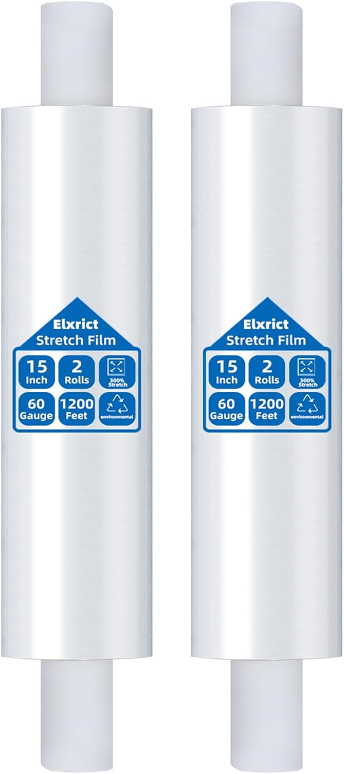 15in Stretch Wrap Roll with Handle, Heavy Duty 1200ft Shrink Wrap Roll, Clear 60 Gauge Industrial Strength Stretch Film with Extended Cardboard Handles, Plastic Wrap for Pallet Packing Moving(2 Rolls)