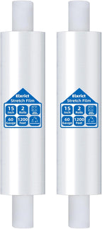 15in Stretch Wrap Roll with Handle, Heavy Duty 1200ft Shrink Wrap Roll, Clear 60 Gauge Industrial Strength Stretch Film with Extended Cardboard Handles, Plastic Wrap for Pallet Packing Moving(2 Rolls)
