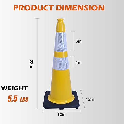 6 Pack 28 Inch Yellow Reflective Traffic Cones, Heavy Duty Black Base Safety Cones for Work Zones, Roadside Assistance and Maintenance Areas (6, Yellow, 28 Inch)
